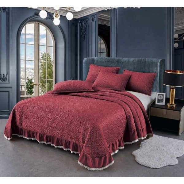 Cuvertura pat dublu, 3 piese, Catifea Matlasata cu Volane, Bordo, CCB-039
