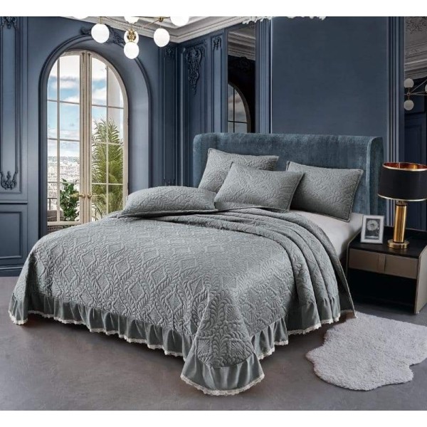 Cuvertura pat dublu, 3 piese, Catifea Matlasata cu Volane, Gri, CCB-040