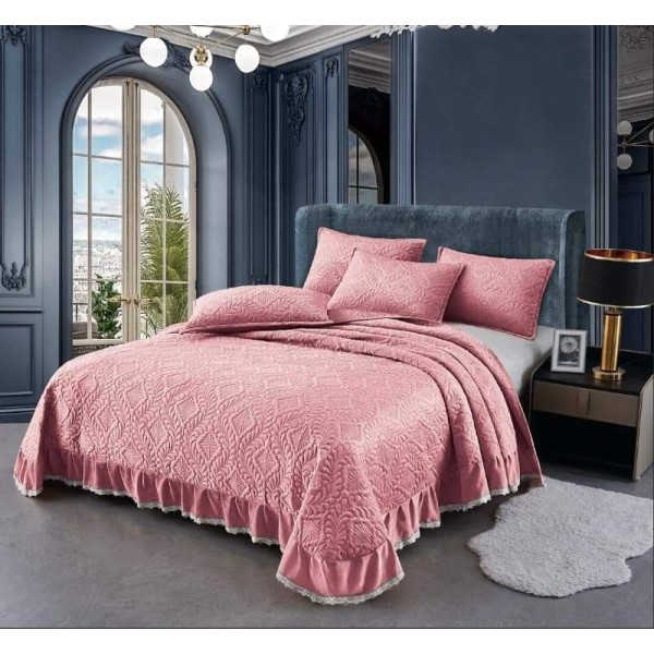 Cuvertura pat dublu, 3 piese, Catifea Matlasata cu Volane, Roz, CCB-041