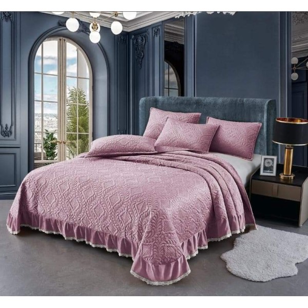 Cuvertura pat dublu, 3 piese, Catifea Matlasata cu Volane, Lila, CCB-044