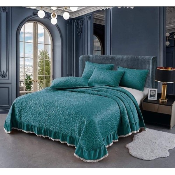 Cuvertura pat dublu, 3 piese, Catifea Matlasata cu Volane, Albastru, CCB-046