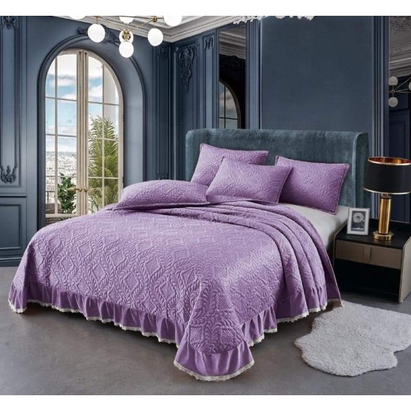 Cuvertura pat dublu, 3 piese, Catifea Matlasata cu Volane, Mov, CCB-048