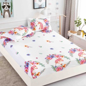 Husa pat cu elastic, Bumbac FINET, 180x200cm, 2 fete de perne 50x70cm, Alb-Multicolor, flori, HDF-037