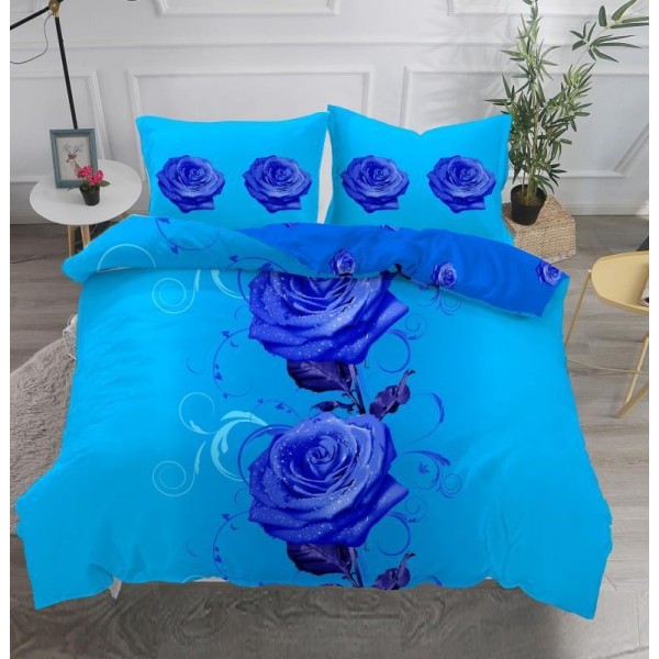 Lenjerie pat dublu, 4 piese, Bumbac Satinat Superior, Albastru-Blue, trandafiri, LDBS-049