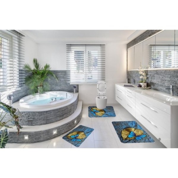 Set 3 Covorase Baie Antiderapante, Albastru-Auriu, frunze, fluturi, CAM-076