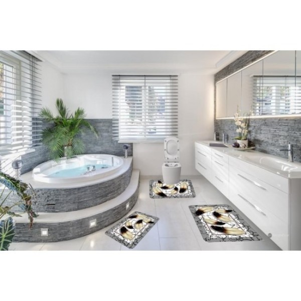 Set 3 Covorase Baie Antiderapante, Alb-Gri, pene, CAM-080