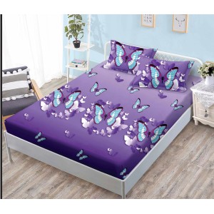 Husa pat cu elastic, Bumbac FINET, 140x200cm, 2 fete de perne 50x70cm, Mov-Lila, fluturi, HDF-001