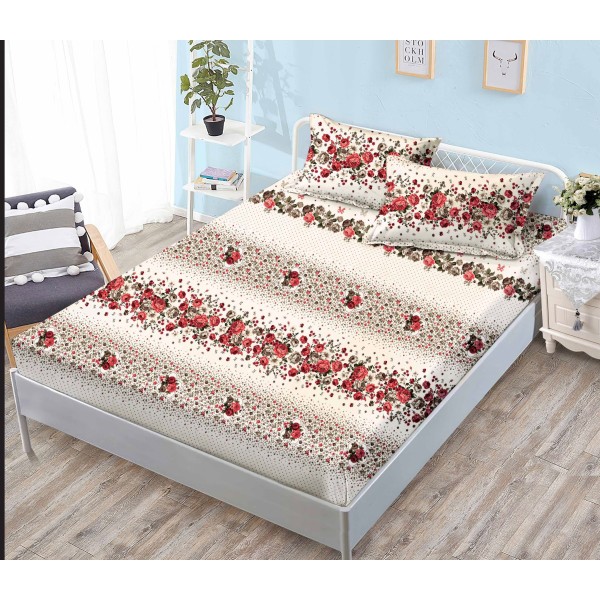 Husa pat cu elastic, Bumbac FINET, 140x200cm, 2 fete de perne 50x70cm, Alb-Crem, flori, HDF-003