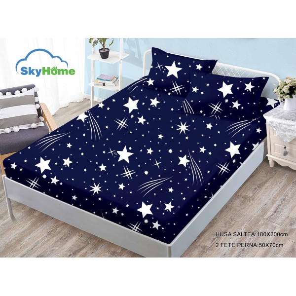 Husa pat cu elastic, Bumbac FINET, 140x200cm, 2 fete de perne 50x70cm, Albastru-Alb, stele, HDF-005