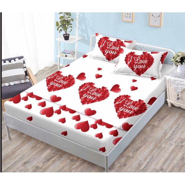 Husa pat cu elastic, Bumbac FINET, 140x200cm, 2 fete de perne 50x70cm, Alb-Rosu, inimi, HDF-009