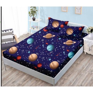 Husa pat cu elastic, Bumbac FINET, 140x200cm, 2 fete de perne 50x70cm, Multicolor-Albastru, planete, HDF-011