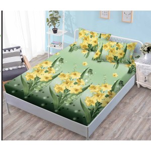 Husa pat cu elastic, Bumbac FINET, 140x200cm, 2 fete de perne 50x70cm, Verde-Galben, flori, HDF-014