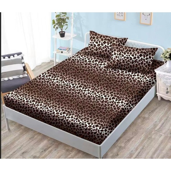 Husa pat cu elastic, Bumbac FINET, 140x200cm, 2 fete de perne 50x70cm, Maro-Crem, animal print, HDF-015