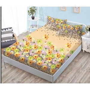 Husa pat cu elastic, Bumbac FINET, 140x200cm, 2 fete de perne 50x70cm, Crem-Multicolor, flori, HDF-108