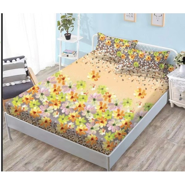 Husa pat cu elastic, Bumbac FINET, 140x200cm, 2 fete de perne 50x70cm, Crem-Multicolor, flori, HDF-108