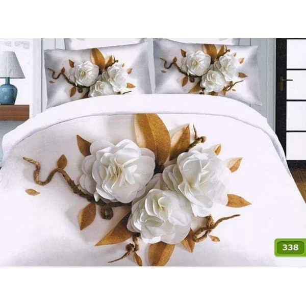Lenjerie pat dublu, 4 piese, Bumbac Satinat Superior, Alb-Bej, flori, LDBS-075