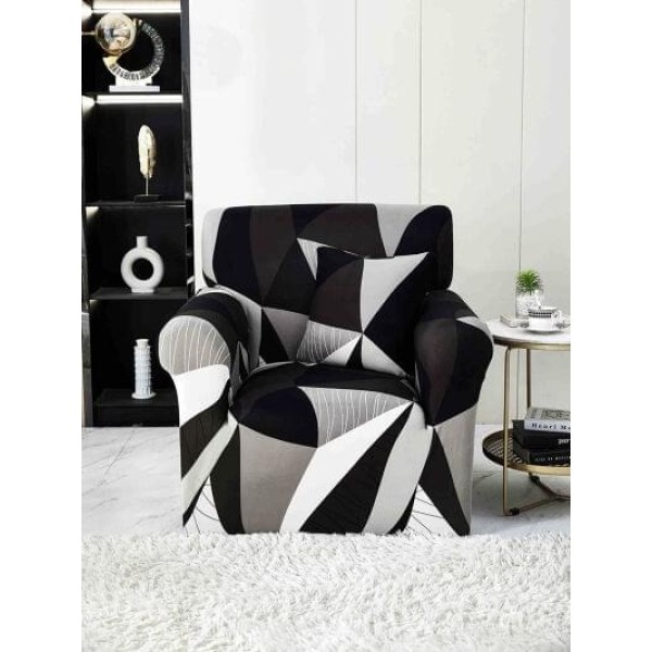 Husa Elastica pentru Fotoliu + Fata de Perna, Negru-Alb, forme geometrice, HCM-054