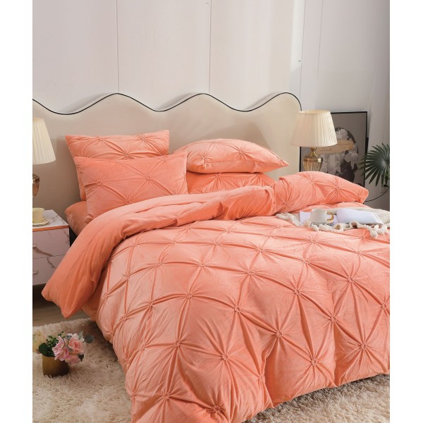 Set Lenjerie de Pat din Catifea, Cu ELASTIC, 4 Piese, Pat 2 Persoane, Piersica, LCI-045