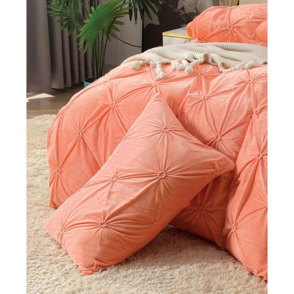 Set Lenjerie de Pat din Catifea, Cu ELASTIC, 4 Piese, Pat 2 Persoane, Piersica, LCI-045