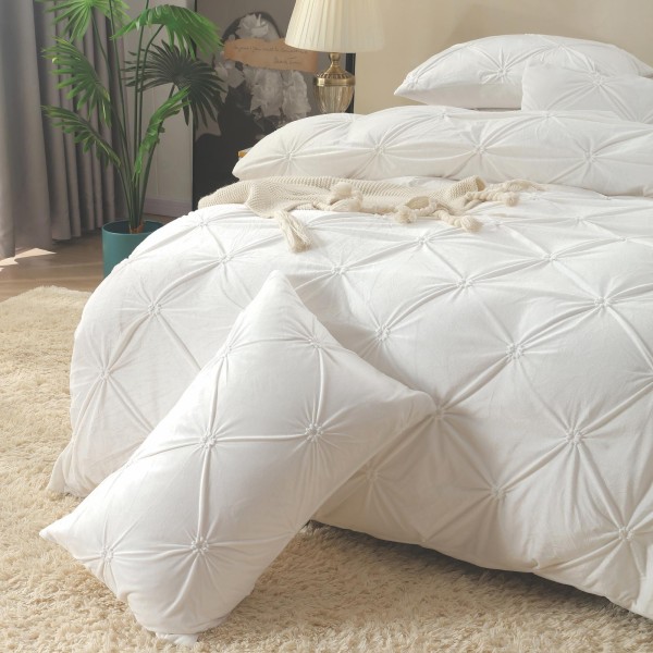 Set Lenjerie de Pat din Catifea, Cu ELASTIC, 4 Piese, Pat 2 Persoane, Alb, LCI-060