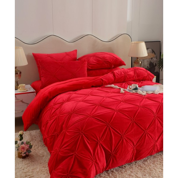 Set Lenjerie de Pat din Catifea, Cu ELASTIC, 4 Piese, Pat 2 Persoane, Rosu, LCI-063