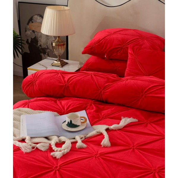 Set Lenjerie de Pat din Catifea, Cu ELASTIC, 4 Piese, Pat 2 Persoane, Rosu, LCI-063