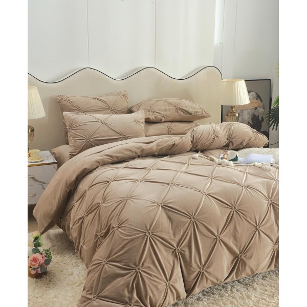 Set Lenjerie de Pat din Catifea, Cu ELASTIC, 4 Piese, Pat 2 Persoane, Bej, LCI-064