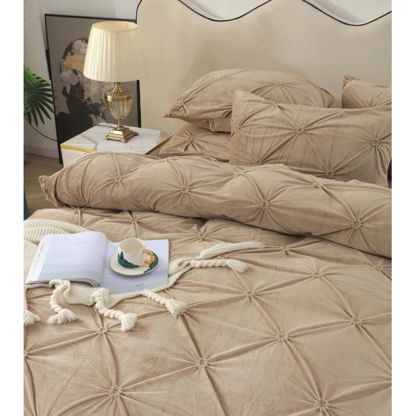 Set Lenjerie de Pat din Catifea, Cu ELASTIC, 4 Piese, Pat 2 Persoane, Bej, LCI-064