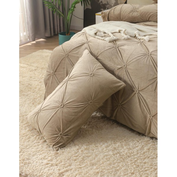 Set Lenjerie de Pat din Catifea, Cu ELASTIC, 4 Piese, Pat 2 Persoane, Bej, LCI-064