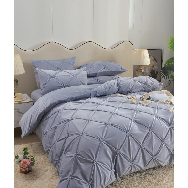 Set Lenjerie de Pat din Catifea, Cu ELASTIC, 4 Piese, Pat 2 Persoane, Gri deschis, LCI-065