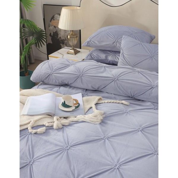 Set Lenjerie de Pat din Catifea, Cu ELASTIC, 4 Piese, Pat 2 Persoane, Gri deschis, LCI-065