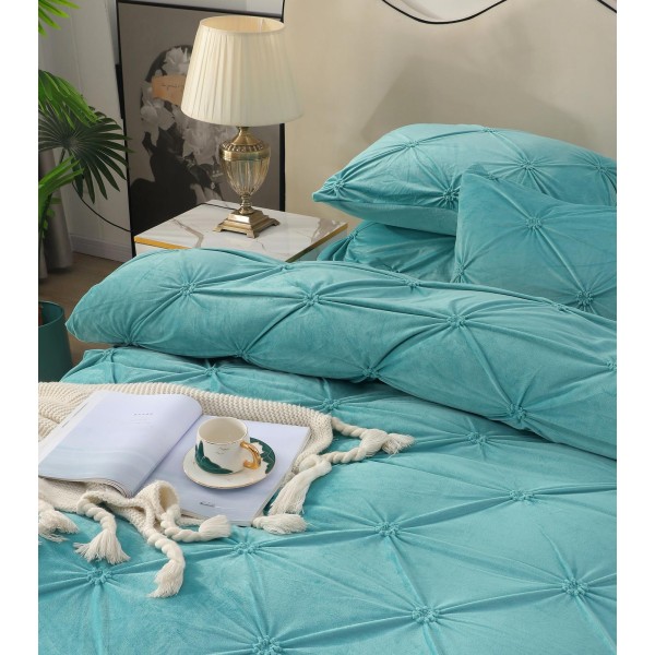 Set Lenjerie de Pat din Catifea, Cu ELASTIC, 4 Piese, Pat 2 Persoane, Turquoise, LCI-067