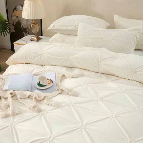 Set Lenjerie de Pat din Catifea, Cu ELASTIC, 4 Piese, Pat 2 Persoane, Crem, LCI-059