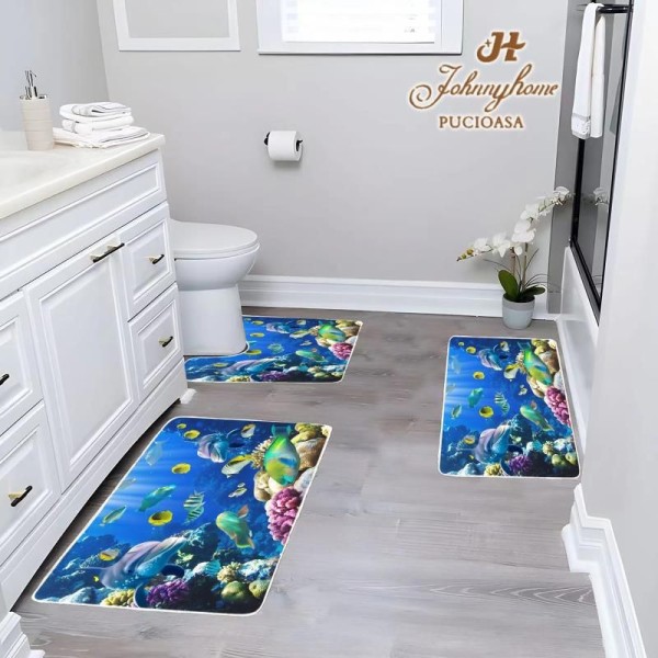Set 3 Covorase Baie Antiderapante, Albastru-Multicolor, pesti, CAM-089