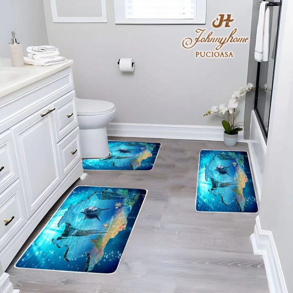 Set 3 Covorase Baie Antiderapante, Albastru-Multicolor, pesti, CAM-090