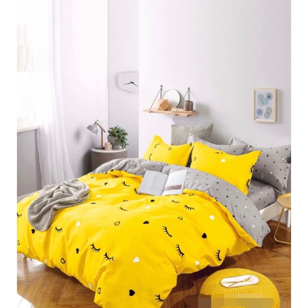 Set Lenjerie de pat din Finet Gros, Cearceaf cu ELASTIC, 6 Piese, Pat 2 Persoane, Galben-Gri, gene, LDE-162