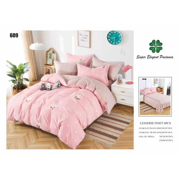 Set Lenjerie de Pat din Finet cu 2 Fete, 6 Piese, Pat 2 Persoane, Roz-Alb, flori, LDF-038
