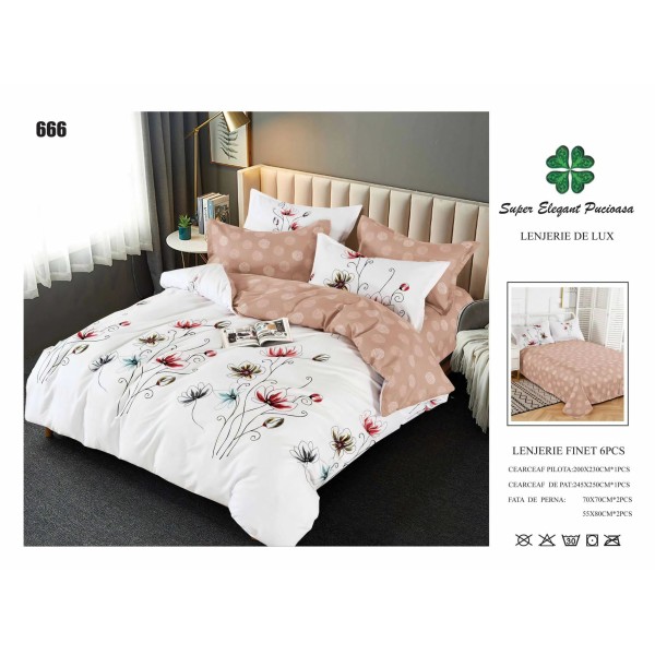 Set Lenjerie de Pat din Finet cu 2 Fete, 6 Piese, Pat 2 Persoane, Alb-Bej, flori, LDF-059