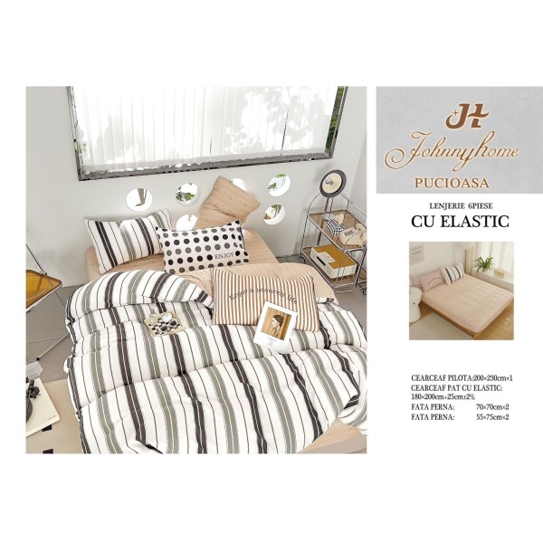 Set Lenjerie de pat din Finet Gros, Cearceaf cu ELASTIC, 6 Piese, Pat 2 Persoane, Alb-Bej, linii, LDE-174