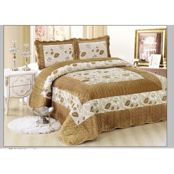 Cuvertura pat dublu, 3 piese, Catifea Matlasata, 230x250cm, plus 2 fete de perna, Bej-Crem, flori, CCV-067