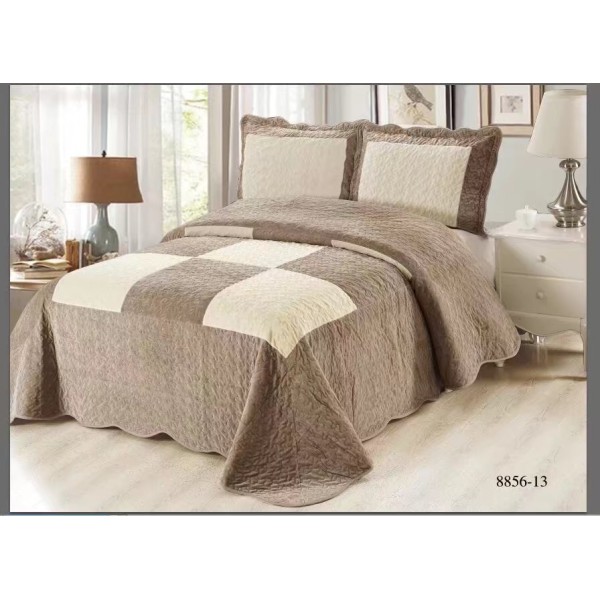 Cuvertura pat dublu, 3 piese, Catifea Matlasata, 230x250cm, plus 2 fete de perna, Bej-Crem, patrate, CCV-070