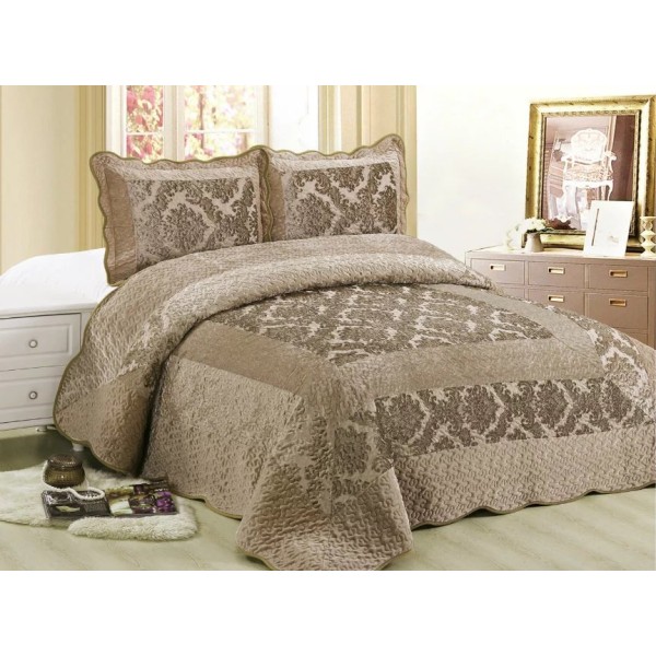 Cuvertura pat dublu, 3 piese, Catifea Matlasata, 230x250cm, plus 2 fete de perna, Bej-Crem, flori, CCV-071