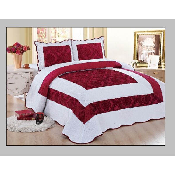 Cuvertura pat dublu, 3 piese, Catifea Matlasata, 230x250cm, plus 2 fete de perna, Alb-Rosu, flori, CCV-074