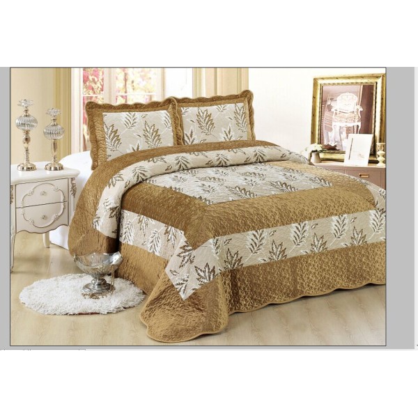 Cuvertura pat dublu, 3 piese, Catifea Matlasata, 230x250cm, plus 2 fete de perna, Bej-Crem, frunze, CCV-076