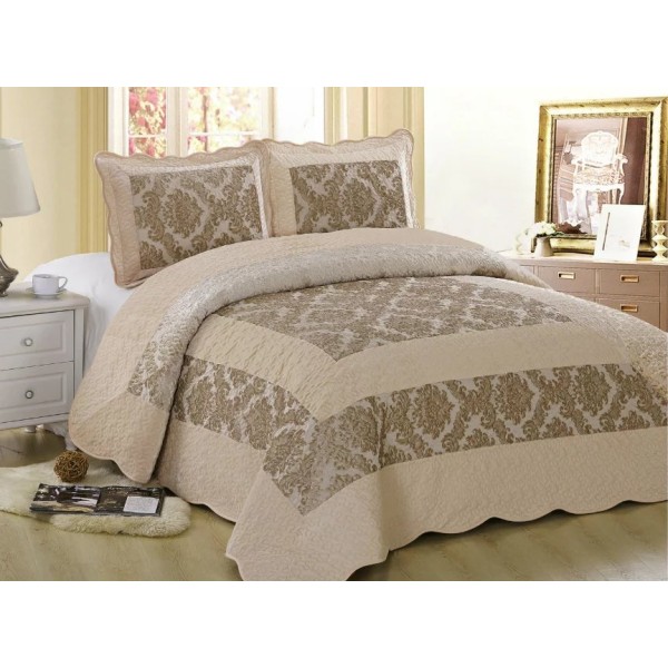 Cuvertura pat dublu, 3 piese, Catifea Matlasata, 230x250cm, plus 2 fete de perna, Bej-Crem, flori, CCV-082