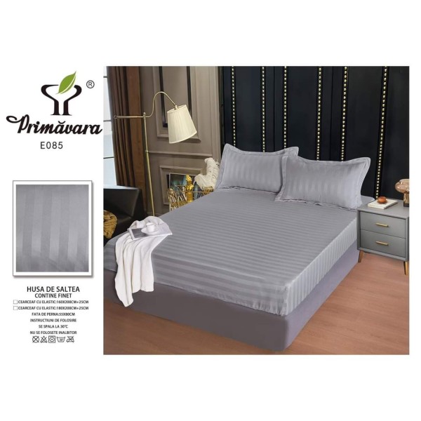 Set cearșaf cu elastic 160x200 cm din damasc finetat + 2 fețe de pernă–gri deschis, LFD-003