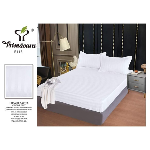 Set cearșaf cu elastic 160x200 cm din damasc finetat + 2 fețe de pernă–alb, LFD-005