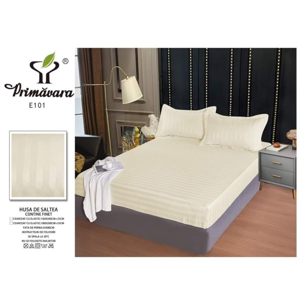 Set cearșaf cu elastic 160x200 cm din damasc finetat + 2 fețe de pernă–crem deschis, LFD-008