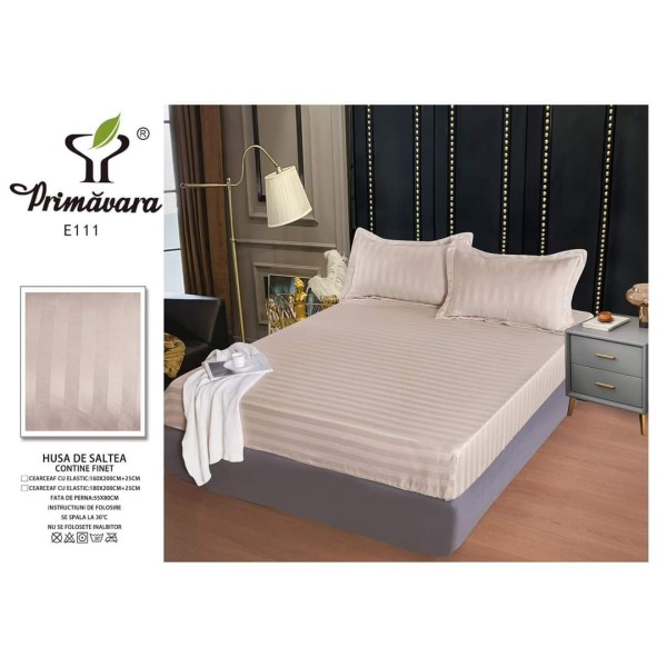 Set cearșaf cu elastic 160x200 cm din damasc finetat + 2 fețe de pernă–bej deschis, LFD-009