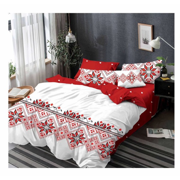 Lenjerie de pat din Finet, Jojo, 6 Piese, Pat 2 Persoane, Alb-Rosu, model traditional, PH-011